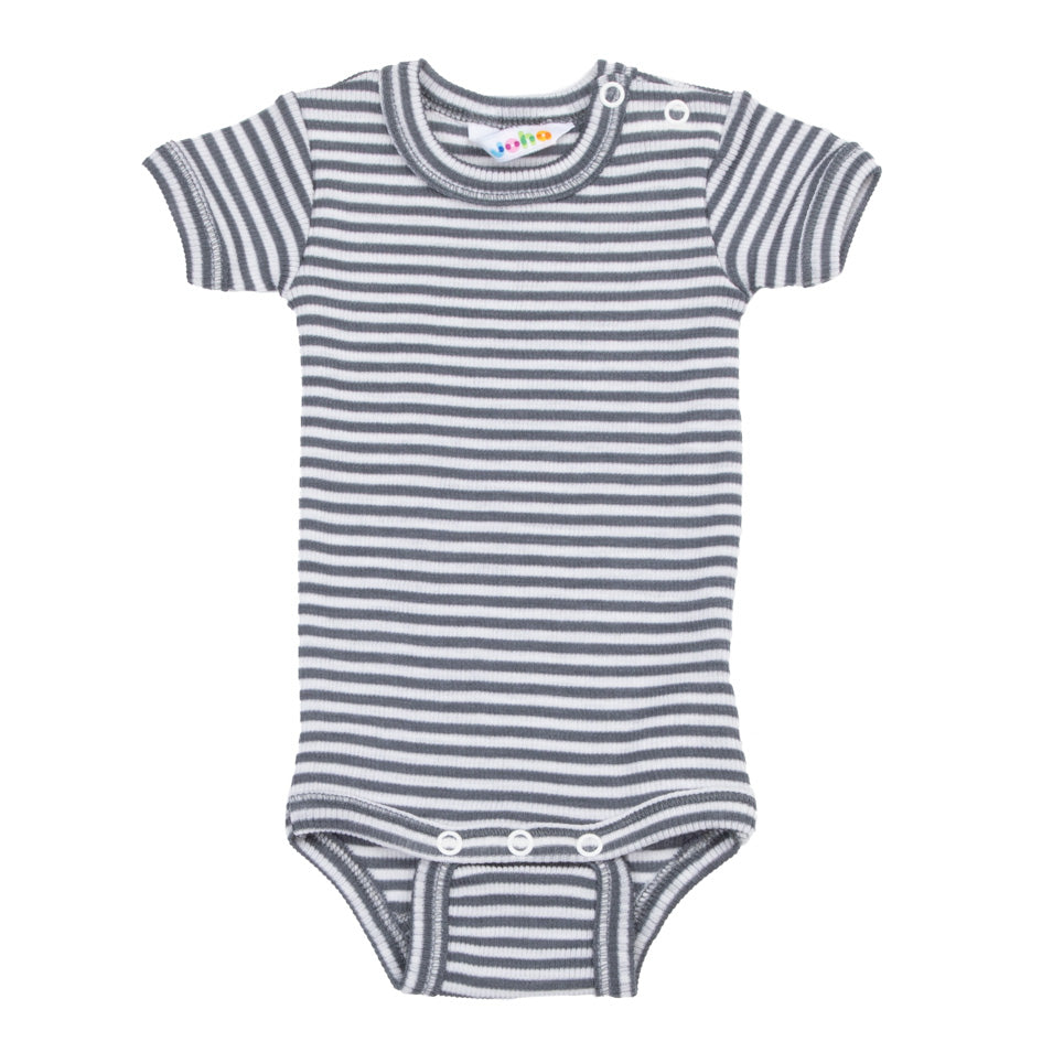 Joha - Kurzarm Body aus Wolle/Seide - 'Body w/short sleeves - Dunkelgrau gestreift'