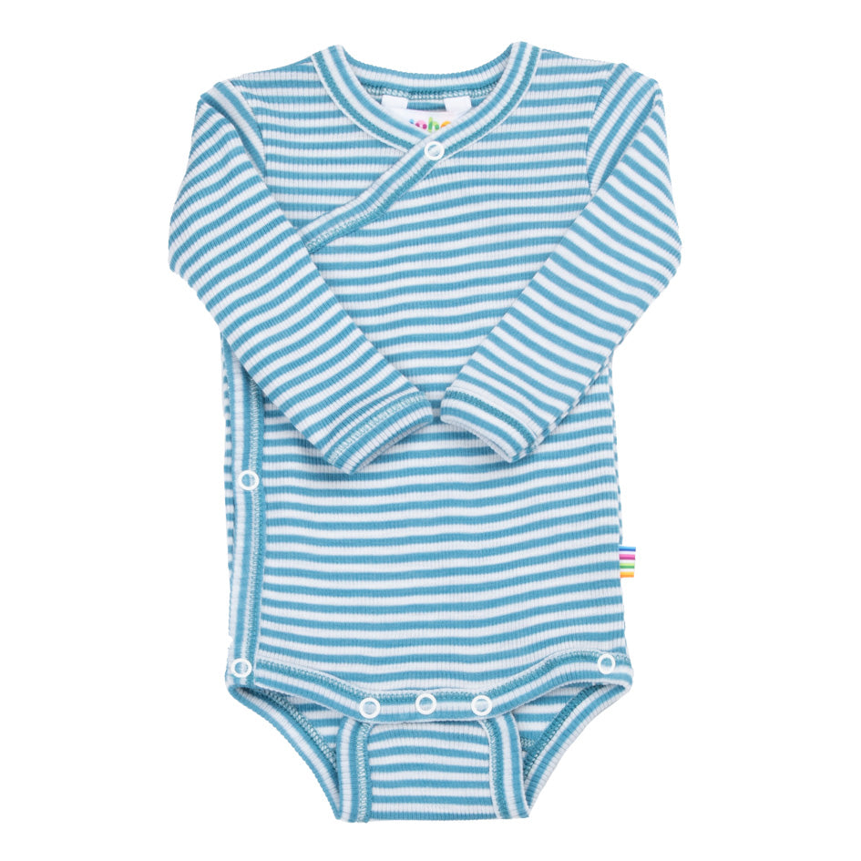 Joha - Wickelbody aus Wolle/seide 'Wrap-around body - Blau gestreift'