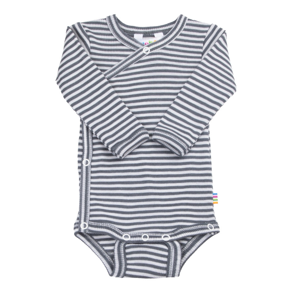 Joha - Wickelbody aus Wolle/seide 'Wrap-around body - Dunkelgrau gestreift'
