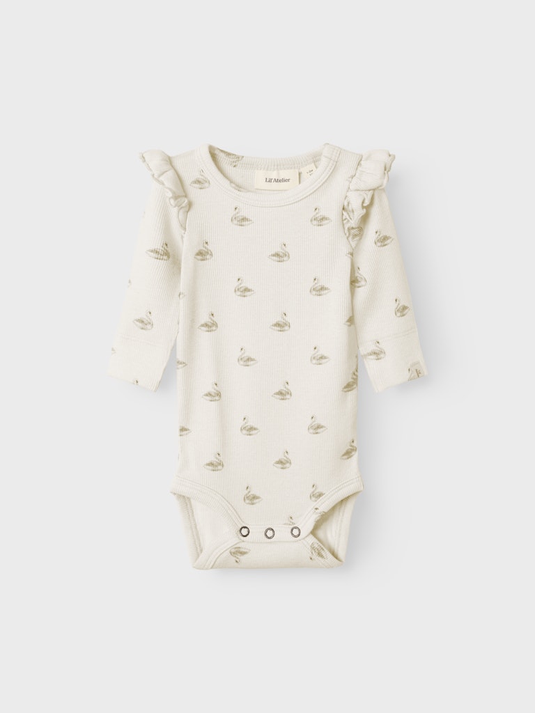 Lil Atelier - Langarm Body mit Schwänen 'NBFGAVO EKO LS SLIM BODY LIL NOOS - Pastel Parchment/SWAN'