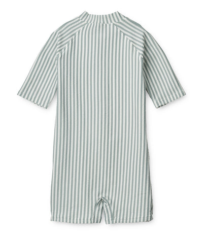 Liewood - UV Badeanzug gestreift 'Max Seersucker Shortsleeve Swim Jumpsuit - Sea blue/white'