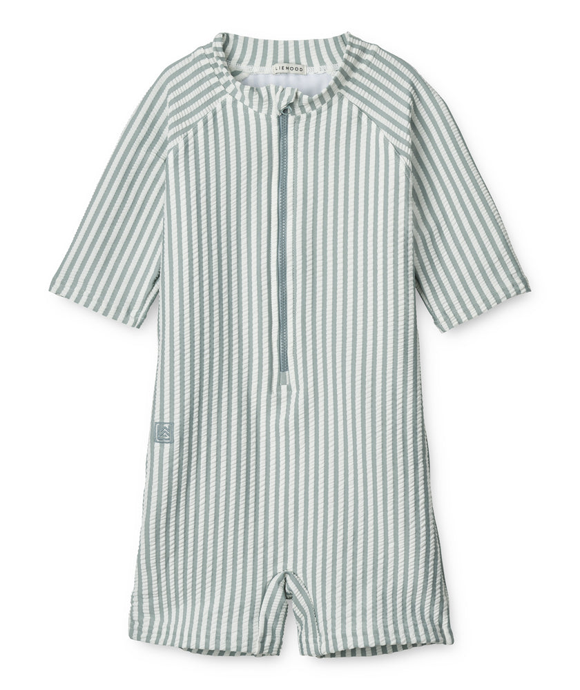 Liewood - UV Badeanzug gestreift 'Max Seersucker Shortsleeve Swim Jumpsuit - Sea blue/white'